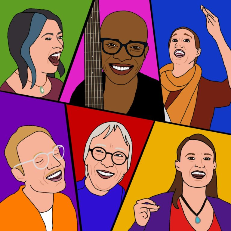 Illustration der NVN-Teacher Andi Jäger, Lea Morris, Anja Wilken, Lukas Weber-Czekalla, Annette Quandt und Mira Leiendecker